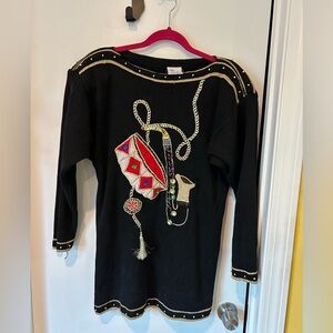 Christmas Sweater- Vintage 80’s Christmas Black Sweater w Gold and Red